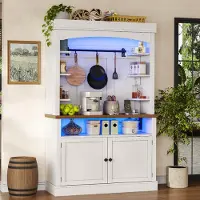 OKWISH Keukenkast – 183 cm – Met Ledverlichting en Stopcontact – 2 Deuren en Open Vakken – MDF Wit – Voor Keuken en Eethoek