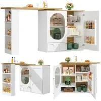 OKWISH Keukeneiland Barmeubel – Draaibare 360° Bijzettafel – 3 Deuren – Uitneembare Scheidingsplanken En Deurrekken – Handdoekhouder En Kruidenrek – MDF Wit 138×39×105 cm