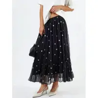 Busem Hoge Taille Polkadot Maxi Rok met Rimpels