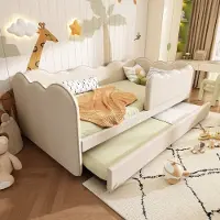 MODFU Kinderbed met Uitschuifbed – Wolkvormig – 99x197x70 cm – 90x190 cm – Ruimtebesparend – Linnen beige