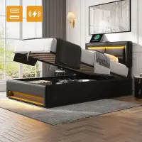 Youjia Boxspringbed 90 x 200 cm, met USB-aansluiting (ondersteunt draadloos en bedraad opladen), met LED-verlichting en opbergruimte, zonder matras