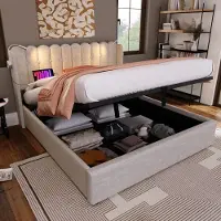 Merax Jongerenbed met leeslamp en lades - 160x200 cm - Natuurlijk linnen (zonder matras)