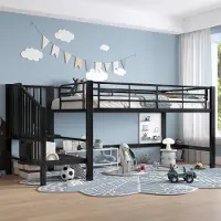 Sweiko Halfhoogslaper - 90 x 200 cm - Metalen bed - Kinderbed - Opbergtrap - Zwart