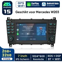 Hexinex Quad-Core autoradio Geschikt voor Benz C-Klasse W203 CLK W209 - Draadloos CarPlay, Android Auto, GPS Navi, RDS, multimediaspeler, Android 15, 2GB+32GB