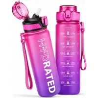 BOTC Waterfles - 1000ml - BPA vrij - Tritan - Waterfles met Rietje - Waterfles met tijdmarkering - Roze/Paars