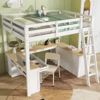 Sweiko Hoogslaper - 140x200cm - Met bureau - Kinderbed - 2 lades - Opbergplank - Wit + naturel