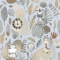 Happy Behang - Jungle Dieren - Aquarel - Babykamer Jongen - Blauw Bruin - Kinderkamer - Safari Behang - Nijlpaard Zebra Leeuw Giraf - 0,53 x 10,05 M -