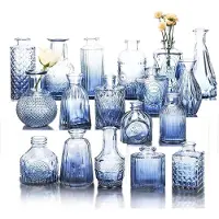 Famanu - Set van 18 blauwe bud vazen voor bloemen, vintage heldere glazen vazen kleine vazen voor centerpieces voor thuis tafel decor rustieke bruiloft decoraties