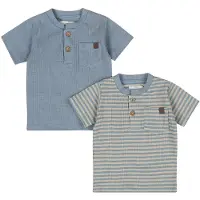 Dirkje T-shirt - blauw/beige (set van 2) Jongens Katoen Henleykraag Streep - maat 56