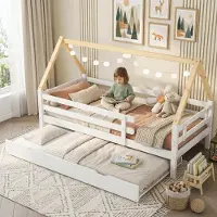 Ulife Multifunctioneel schuifbed, bedhuis, dagbed, eenpersoonsbed, kinderbed, veilig met spijlen, 90x200 & 90x190 cm, wit/naturel