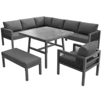 OKWISH Loungeset L Vorm 8 Personen - Flexibel Moduleerbaar Met Marmorglas Tafel - Afneembare Kussens - Ijzeren Frame - Grijs