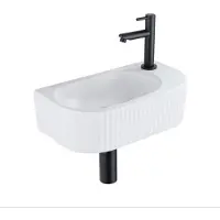 Qeramiq Fuente Fonteinset - 40x21.5x12cm - rechts - geribbeld - halfrond - 1 kraangat - keramiek - fonteinkraan zwart mat - afvoerplug - verlaagd sifon - wit mat SW1522211/SW696205/SW696215/SW696235