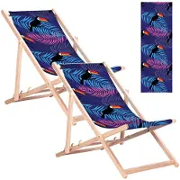 Greenblue GB183 - 2 stuks - Strandstoel - Klassieke beukenhouten ligstoel met Tukan-print - tot 110 kg