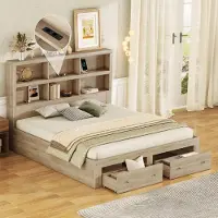 Sweiko 160x200 cm tweepersoonsbed, gemaakt van spaanplaat. Kingsize platformbed met twee lades aan het voeteneinde en een hoofdeinde met opbergruimte. Kleur: naturel