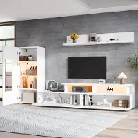 STILVORA TV-meubel, 3-delig, met LED-verlichting en glanzende voorzijde. TV-kast met opbergruimte en een klapdeur, en een woonkamer set bestaande uit een vitrinekast en een wandplank, wit