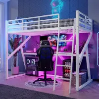 Sweiko hoogslaper, 90 x 200 cm, ijzeren frame, LED-strip, leuning, trap, bureau, zonder matras, wit