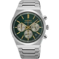 Seiko quartz zilver heren horloge met groene wijzerplaat & roestvrij stalen band