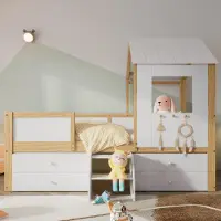 Sweiko kinderbed, halfhoog bed, huisbed met dak en raam, omheining aan alle vier zijden, met 4 lades en een kleine trap, gemaakt van grenen, MDF en multiplex, wit en naturel, 90x200 cm