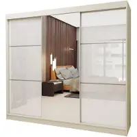 Margaret Hadas24 240 cm hoge garderobekast Vena met spiegel, inclusief 3 schuifdeuren. Kleur: kasjmierenbeige, met witte (lacobel) accenten
