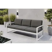 Margaret Hadas24 Margaret Hadas: Tuinset, 3-zits tuinbank, outdoor loungebank Madera, geschikt voor terras, weerbestendig, balkonmeubilair, zitbank met rugleuning, tuinmeubels, wit, donkergrijs
