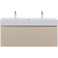 Guido Gusto Badkamermeubel Yuki 120cm mat beige inclusief enkele wastafel robuust mat wit met twee kraangaten