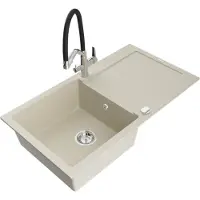 Mexen Leo granieten spoelbak, 1-komerig met druiprek en Duo keukenmengkraan, beige - 6501-69-671701-07