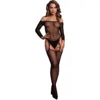 Le Désir - Glimmende bodystocking blote schouders - Zwart