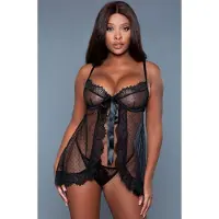 Vuxen Emma Polka Dot Mesh Babydoll - Zwart