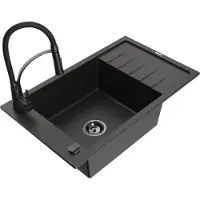 Mexen Elias granieten gootsteen 1-bak met afdruiprek en keukenmengkraan Aster, zwart/goud metallic - 6511-75-73450-70-B