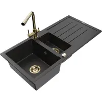 Mexen Andres granieten spoelbak 1,5-kamer met afdruiprek en keukenmengkraan Duero, zwart/zilver - 6515-73-671600-50