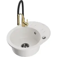 Mexen Kevin granieten spoelbak 1-laags met afdruiprek en keukenmengkraan Aster, wit - 6517-20-73450-57-B