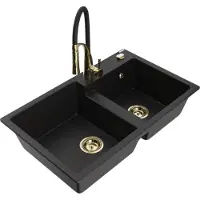 Mexen Tomas granieten spoelbak 2-kamers met keukenmengkraan Aster, zwart - 6516-77-73450-57-G