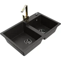 Mexen Tomas granieten gootsteen met 2 kamers en keukenmengkraan Rita, zwart/goud metallic - 6516-75-670300-50-B