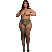 Le Désir - Jarretelgordelkousen van visnet en kant - Midnight Green Plus Size