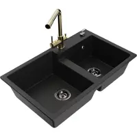 Mexen Tomas granieten spoelbak 2-kamer met keukenmengkraan Duero, zwart - 6516-77-671600-50-B