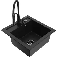Mexen Vito granieten gootsteen 1-komors met keukenmengkraan Aster, zwart - 6503-77-73450-70-B