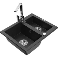 Mexen Carlos 1,5-komorige granieten gootsteen met keukenmengkraan Rita, zwart/zilver metallic - 6518-73-670300-00