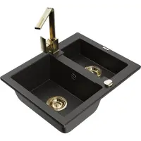 Mexen Carlos granieten gootsteen met 1,5 kom en keukenmengkraan Rita, zwart/goud metallic - 6518-75-670300-50