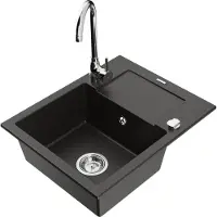 Mexen Enzo granieten spoelbak 1-baks met afdruiprek en keukenmengkraan Telma, zwart/goud - 6506-75-670200-00