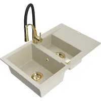 Mexen Gaspar granieten gootsteen 1,5-komor met afdruiprek en keukenmengkraan Aster, beige - 6507-69-73450-57-G