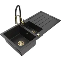 Mexen Andres granieten gootsteen 1,5-komorige met afdruiprek en keukenmengkraan Aster, zwart/zilver - 6515-73-73450-57-G