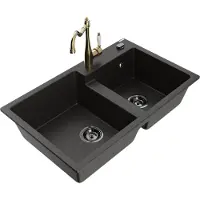 Mexen Tomas granieten spoelbak met 2 compartimenten en keukenmengkraan Carla, zwart/gouden metallic - 6516-75-670700-50-B