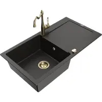 Mexen Leo granieten gootsteen 1-baks met afdruiprek en keukenkraan Carla, zwart/gouden metallic - 6501-75-670700-50