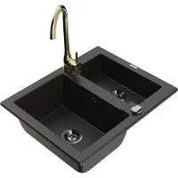 Mexen Carlos granieten spoelbak 1,5-kamer met Telma keukenkraan, zwart/goud metallic - 6518-75-670200-50-B