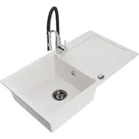Mexen Leo granieten spoelbak met 1 bak en afdruiprek en keukenmengkraan Aster, wit - 6501-20-73450-07-B