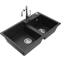 Mexen Tomas granieten gootsteen 2-kamer met keukenkraan Carla, zwart/zilver metallic - 6516-73-670700-00