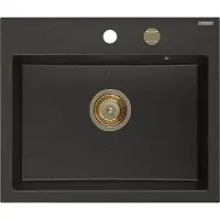Mexen Oscar granieten spoelbak 1-kompartiment 580 x 490 , zwart/goud metallic, gouden sifon - 6519581000-75-G