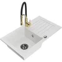Mexen Pablo granieten spoelbak 1-kompartment met afdruiprek en keukenmengkraan Aster, wit - 6510-20-73450-57-B