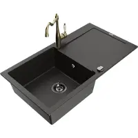 Mexen Leo granieten gootsteen 1-kom met afdruiprek en keukenmengkraan Carla, zwart/goud metallic - 6501-75-670700-50-B