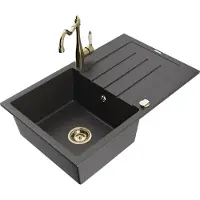 Mexen Bruno granieten spoelbak 1-kompartment met afdruiprek en keukenkraan Carla, gespikkeld zwart - 6513-76-670700-50